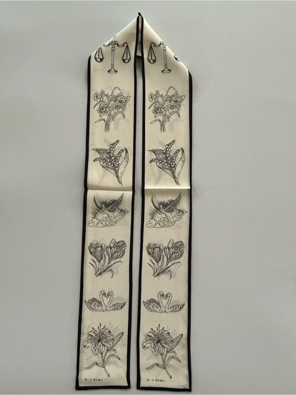 Dior Symbol Carnation Ribbon Scarf Ivory Black Botanical Hair Bag Neck Wrap